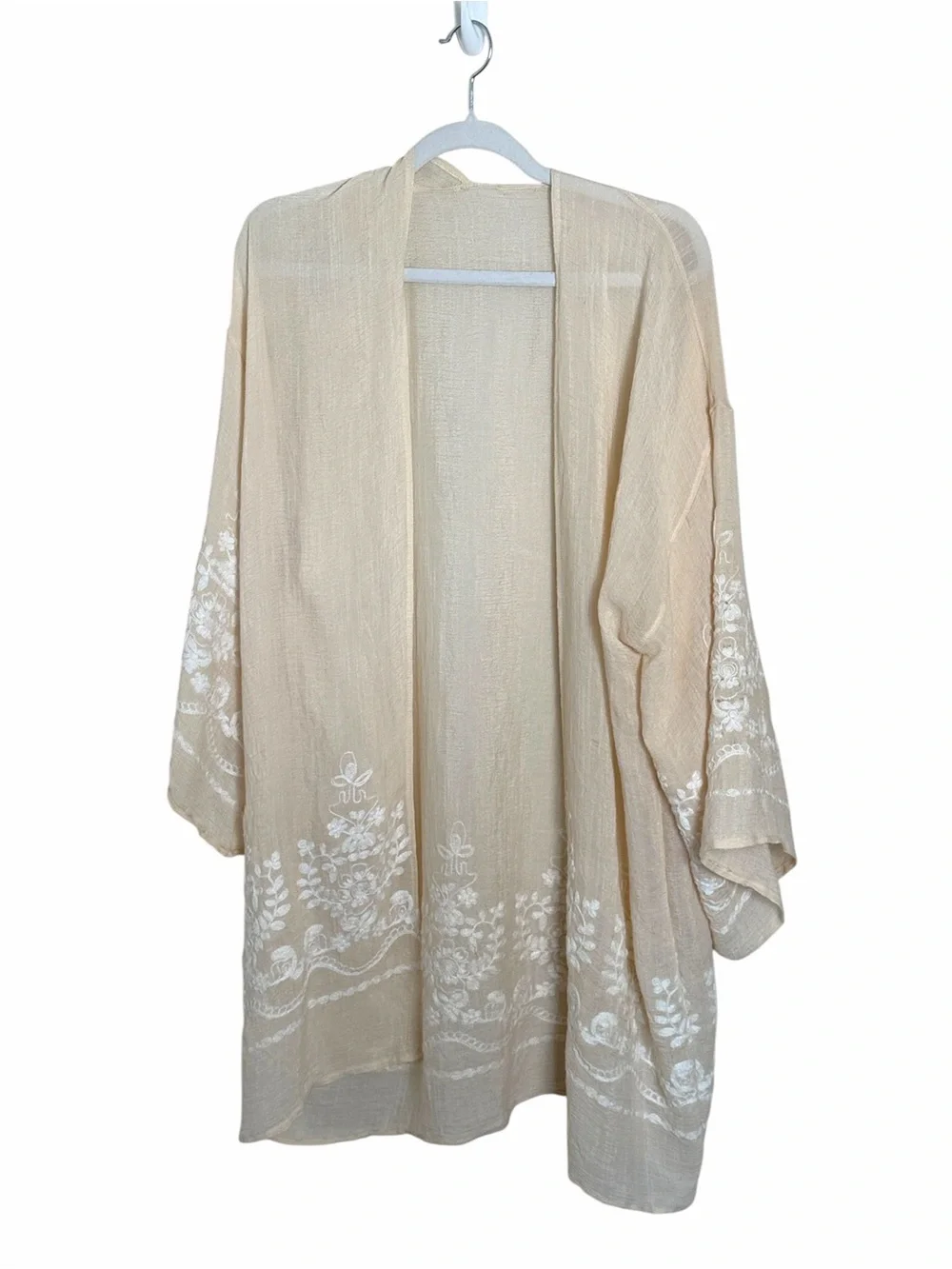 Raj Imports Mimi Floral Cream White Embroidered Kimono Beach Cover Up One Size